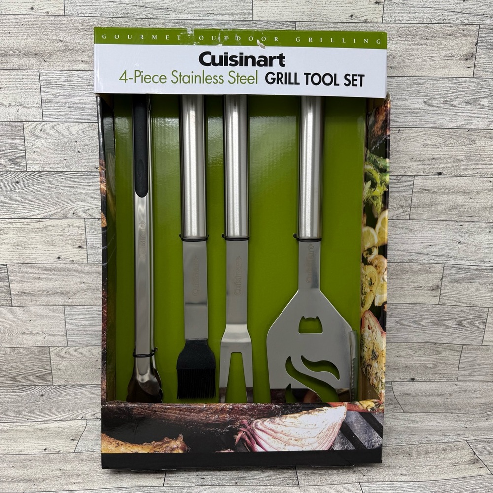 NIB-Cuisinart Stainless Steel 4 Piece Grill Tool Set - Silver